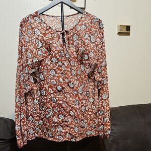 Rust Floral Tie-Neck Blouse with Long Sleeves